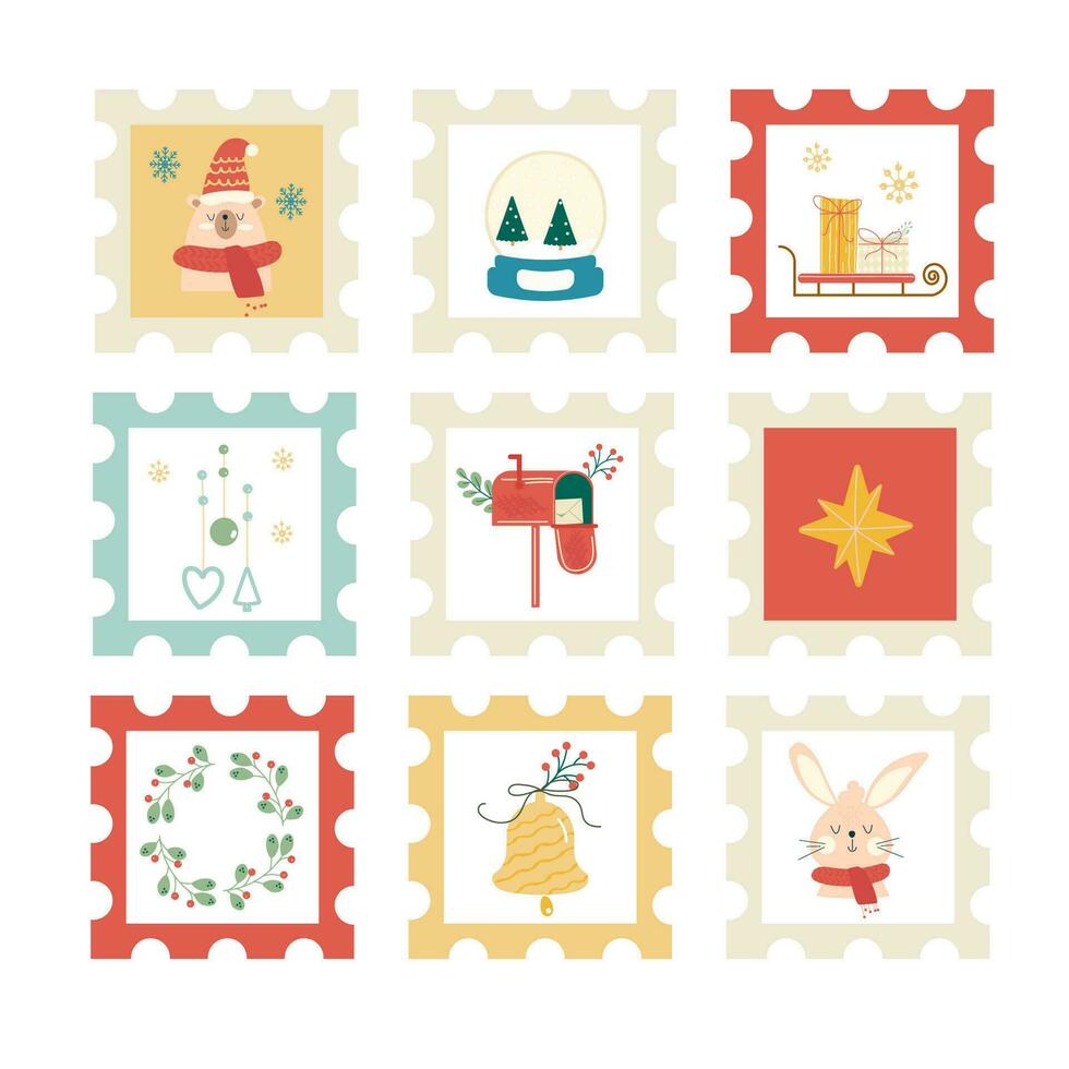 en uppsättning av jul frimärken. jul dekorationer vektor
