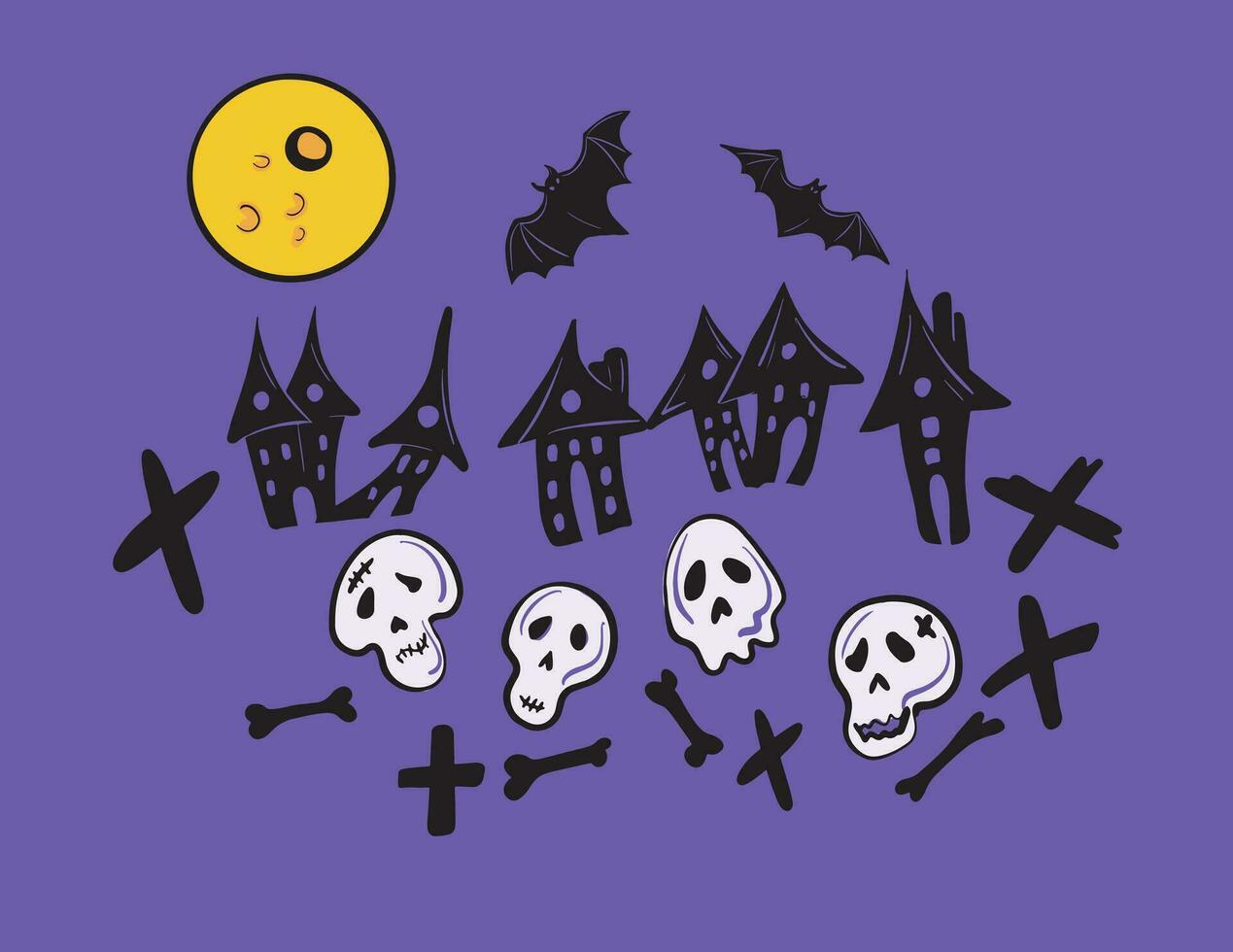 halloween tecknad serie kyrkogård rolig skallar med ben och krokig hus på de bakgrund av de måne och fladdermöss.hand dragen illustration. vektor