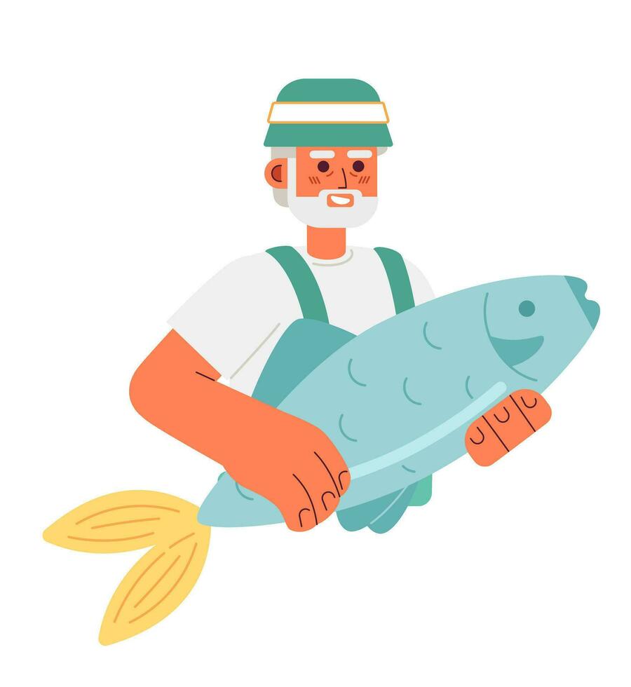 gammal fiskare innehav stor fisk semi platt Färg vektor karaktär. redigerbar halv kropp Lycklig man på vit. enkel tecknad serie fläck illustration för webb grafisk design