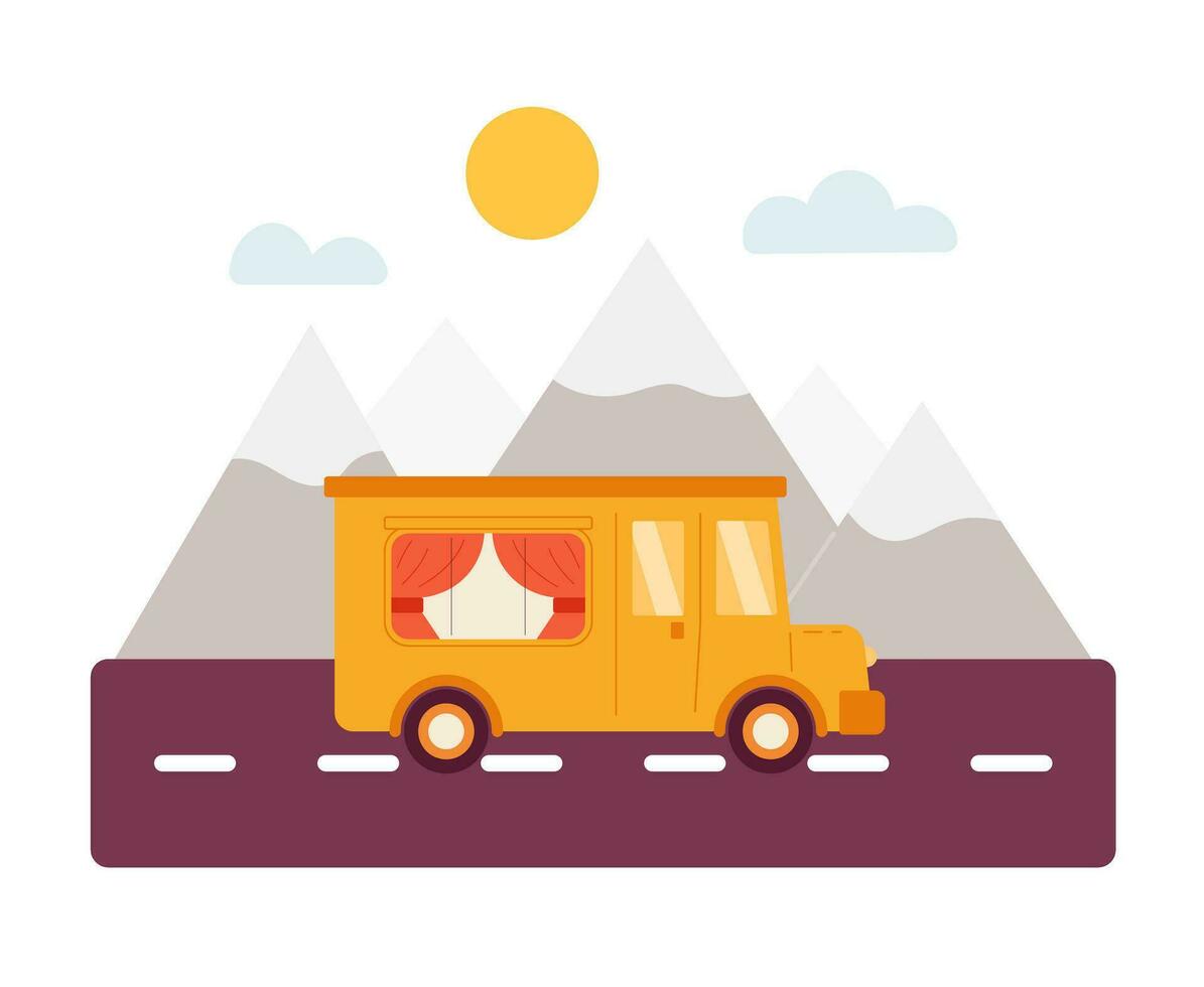 komfortabel Bus Reiten zu das Berge halb eben Farbe Vektor Objekt. Camping Lieferwagen. editierbar Karikatur Clip Kunst Symbol auf Weiß Hintergrund. einfach Stelle Illustration zum Netz Grafik Design