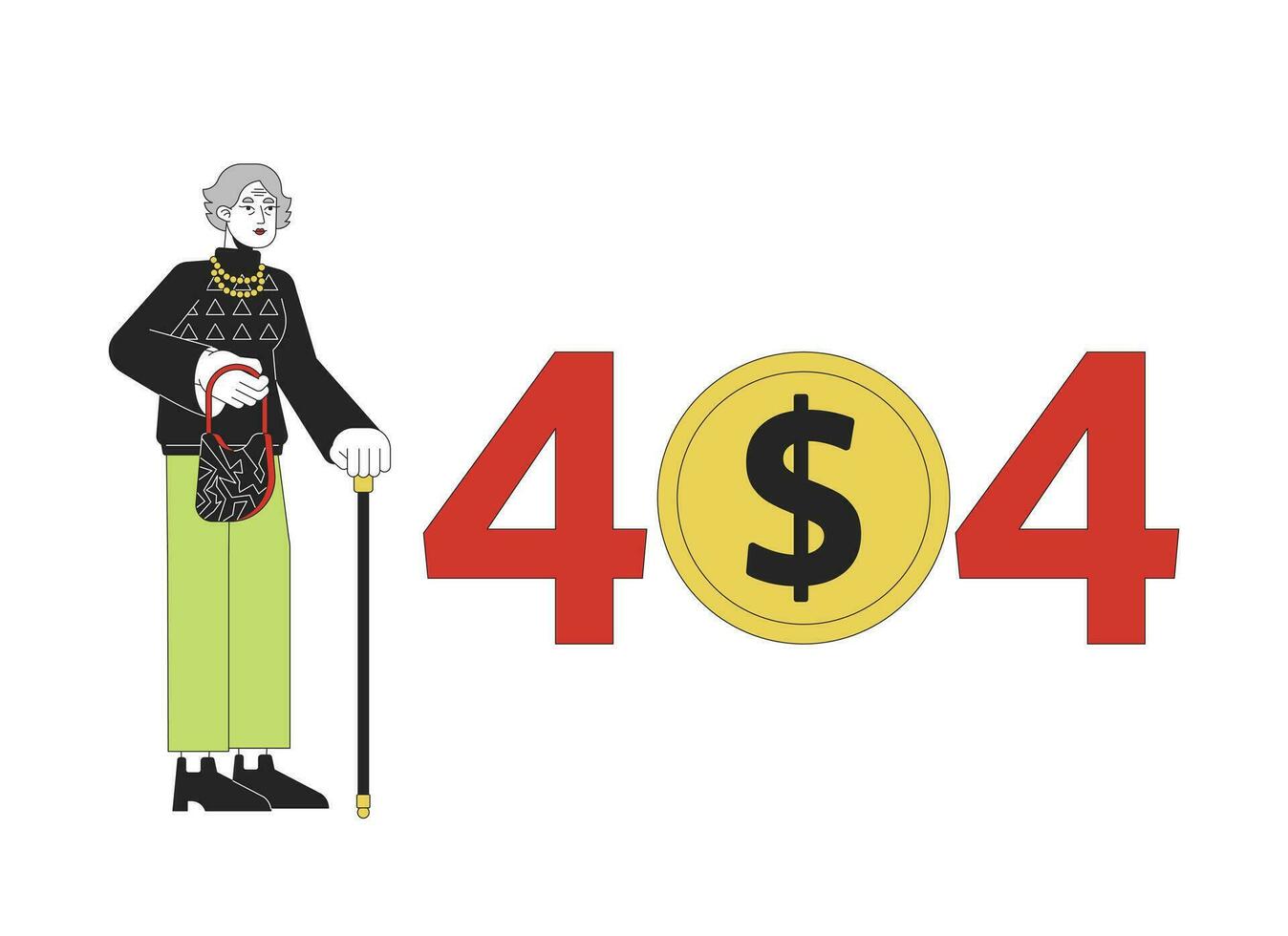 gammal kvinna på pensionering innehav gående sockerrör fel 404 blixt meddelande. pension rik. tömma stat ui design. sida inte hittades dyka upp tecknad serie bild. vektor platt illustration begrepp på vit bakgrund