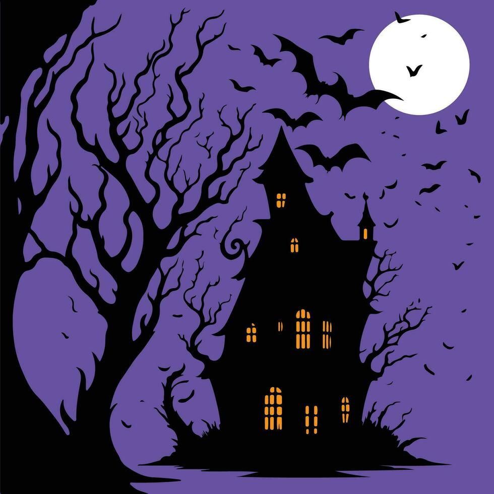 glücklich Halloween unheimlich Geist Haus mit Fledermäuse Vektor Illustration, Halloween Nacht unheimlich Haus Illustration