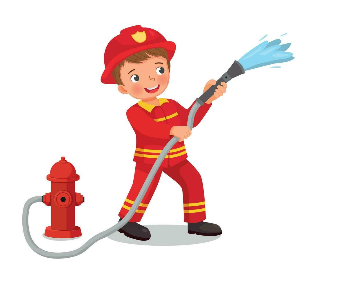 süß wenig Junge tragen Feuerwehrmann Uniform halten Feuer Schlauch fließend Wasser von Feuer Hydrant vektor