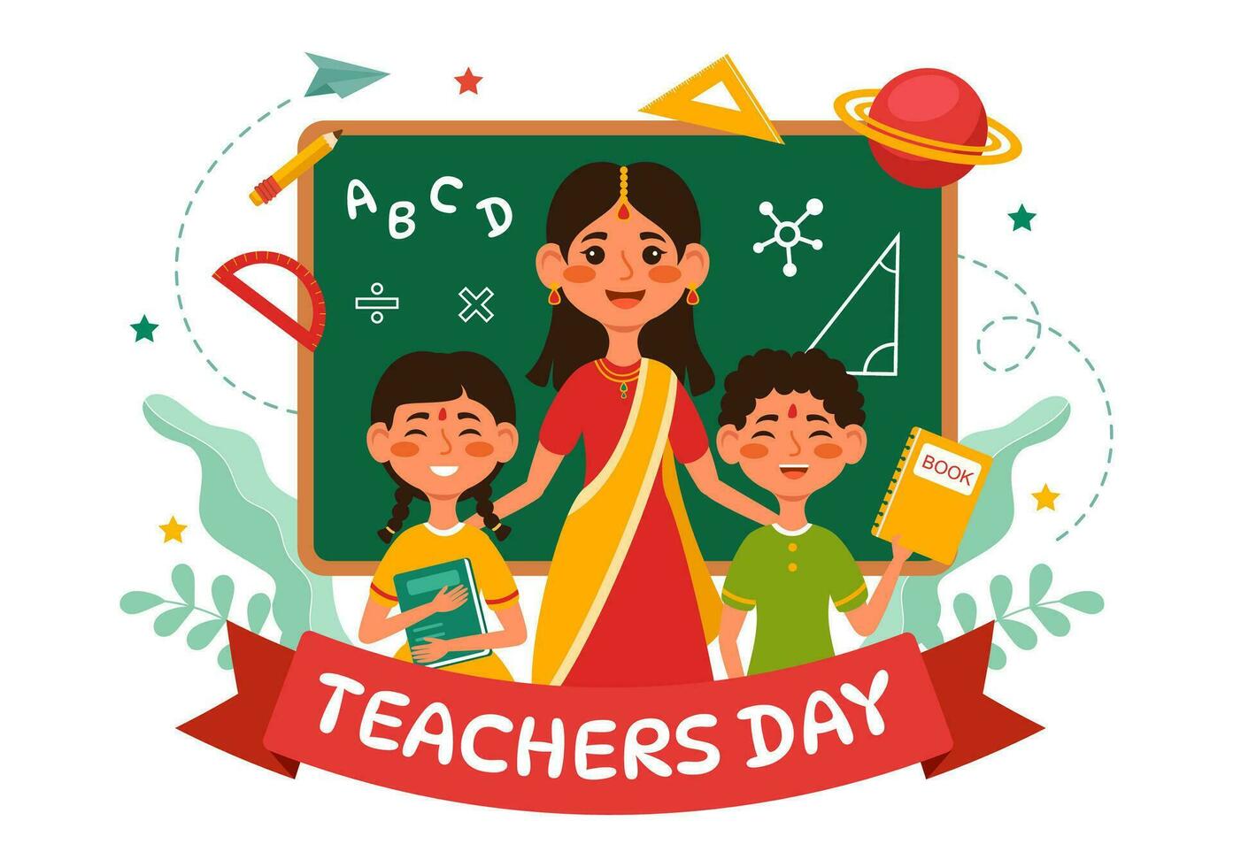 Lycklig lärare dag i Indien vektor illustration med de lärare ha på sig traditionell kläder i utbildning platt tecknad serie hand dragen bakgrund mallar