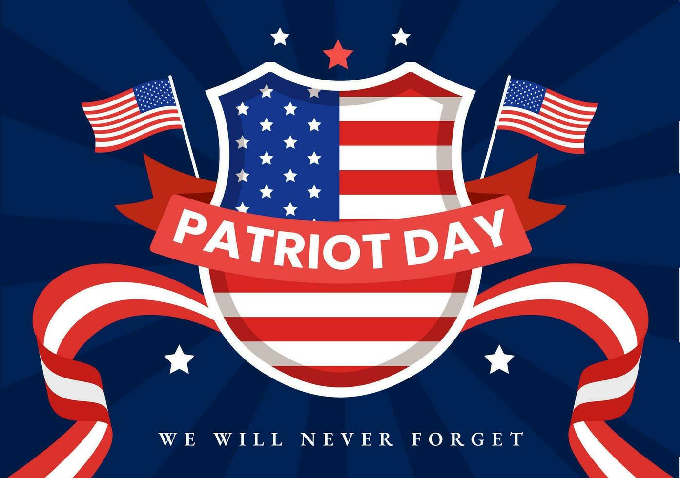 Lycklig USA patriot dag vektor illustration med förenad stater flagga, 911 minnesmärke och vi kommer aldrig glömma bakgrund design hand dragen mallar