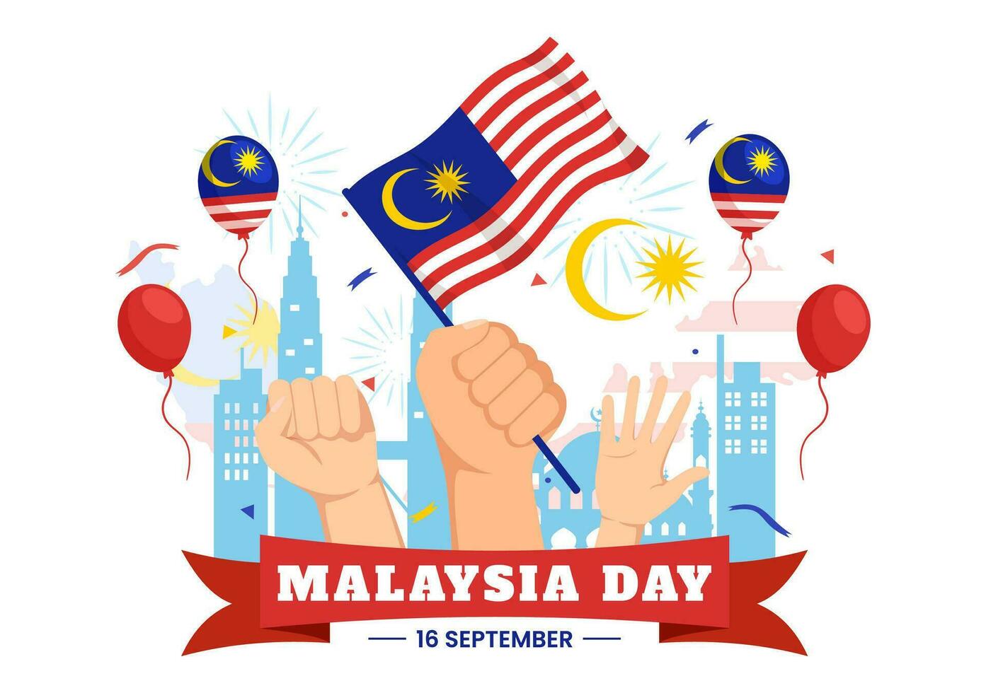 glücklich Malaysia Tag Feier Vektor Illustration auf 16 September mit winken Flagge und Zwilling Türme im eben Karikatur Hand gezeichnet Vorlagen
