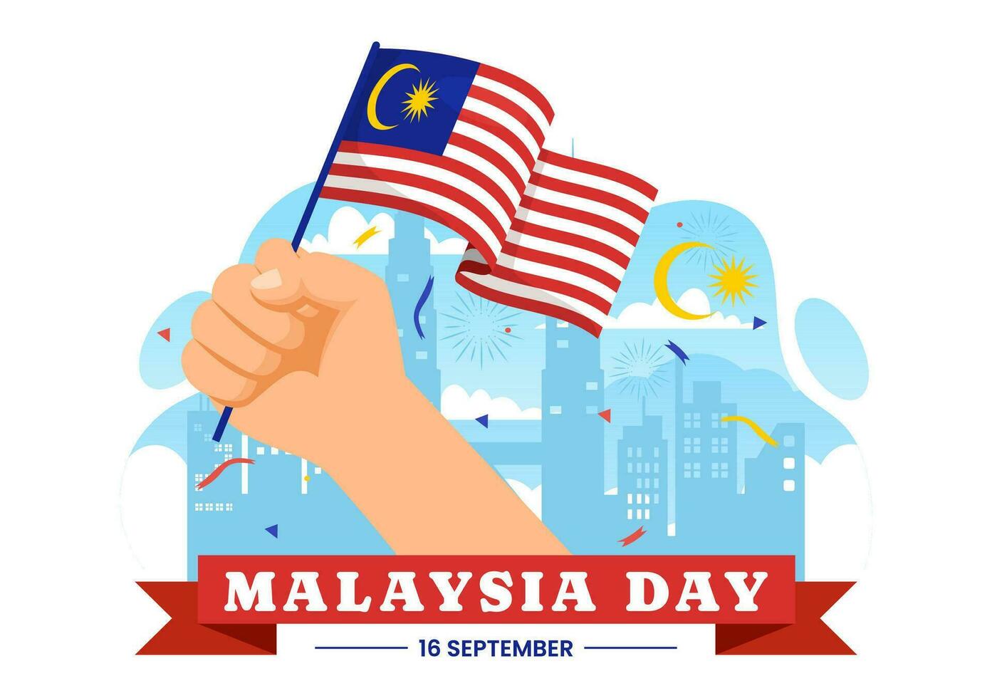 glücklich Malaysia Tag Feier Vektor Illustration auf 16 September mit winken Flagge und Zwilling Türme im eben Karikatur Hand gezeichnet Vorlagen