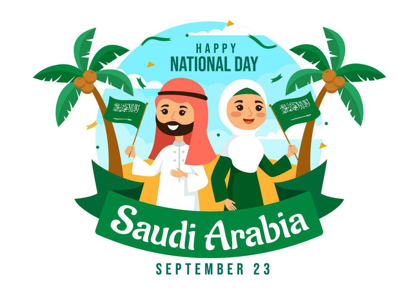 glücklich Saudi Arabien National Tag Vektor Illustration auf September 23 mit winken Flagge Hintergrund im eben Karikatur Hand gezeichnet Landung Seite Vorlagen