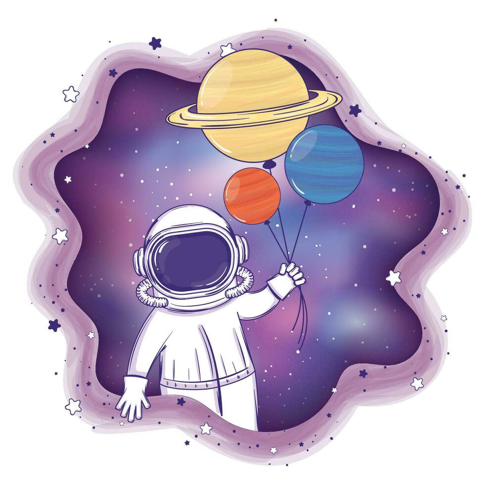 färgad astronaut tecknad serie med planet ballonger vektor