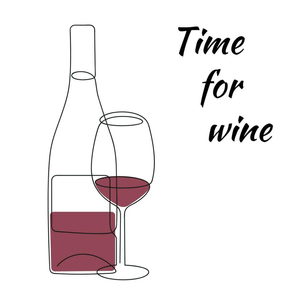 Zeit zum Wein Karte mit Flasche und Wein Glas gezeichnet im einer kontinuierlich Linie. einer Linie Zeichnung, Minimalismus. Vektor Illustration.