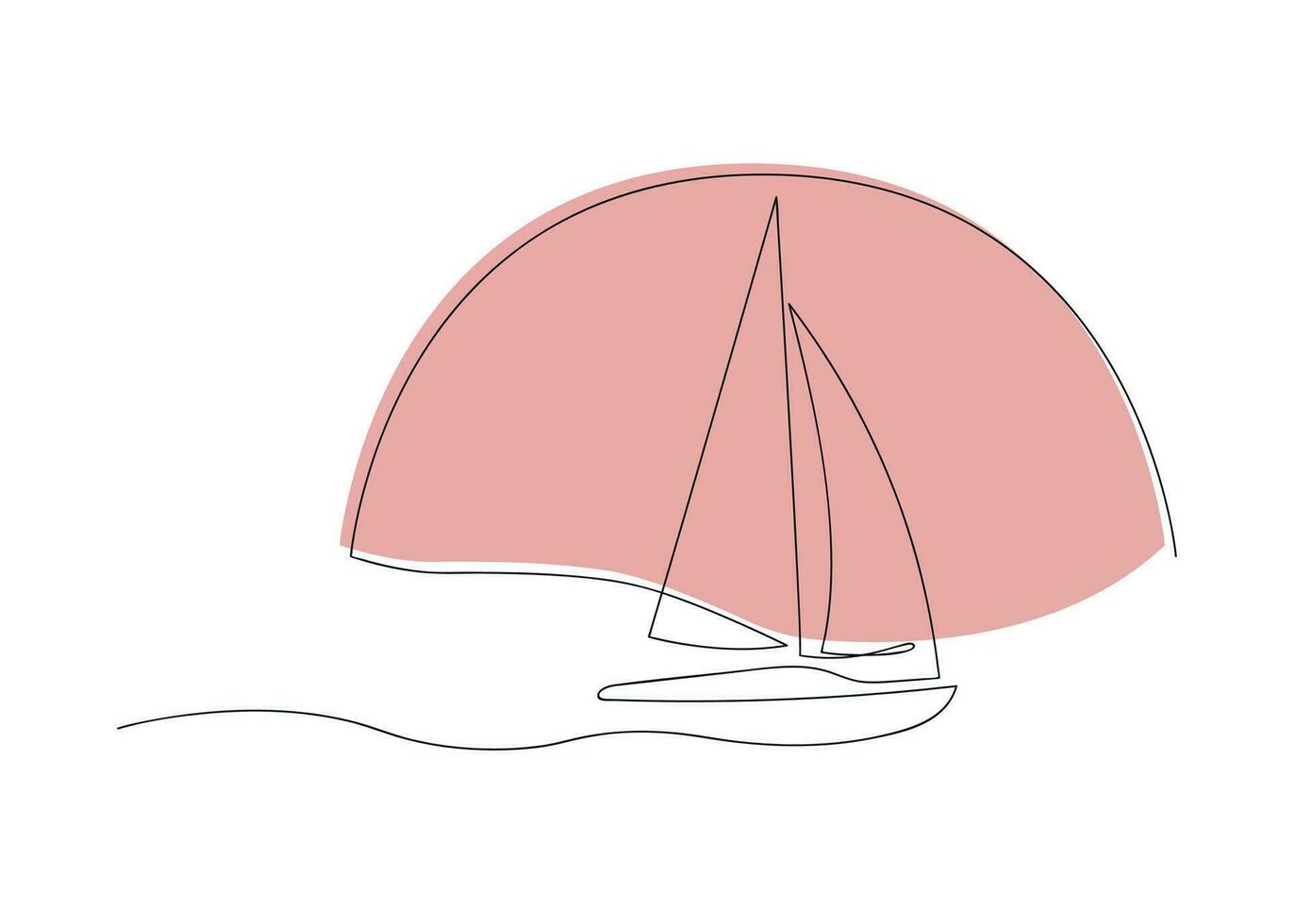 Segeln Yacht mit Sonne und Welle gezeichnet im einer kontinuierlich Linie. einer Linie Zeichnung, Minimalismus. Vektor Illustration.