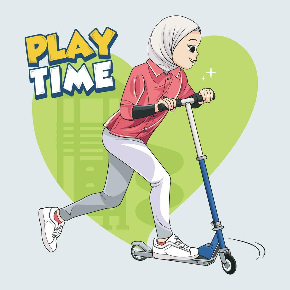 abspielen Zeit. ein Mädchen im Hijabs Theaterstücke auf das Straße mit Roller Vektor Illustration Profi herunterladen