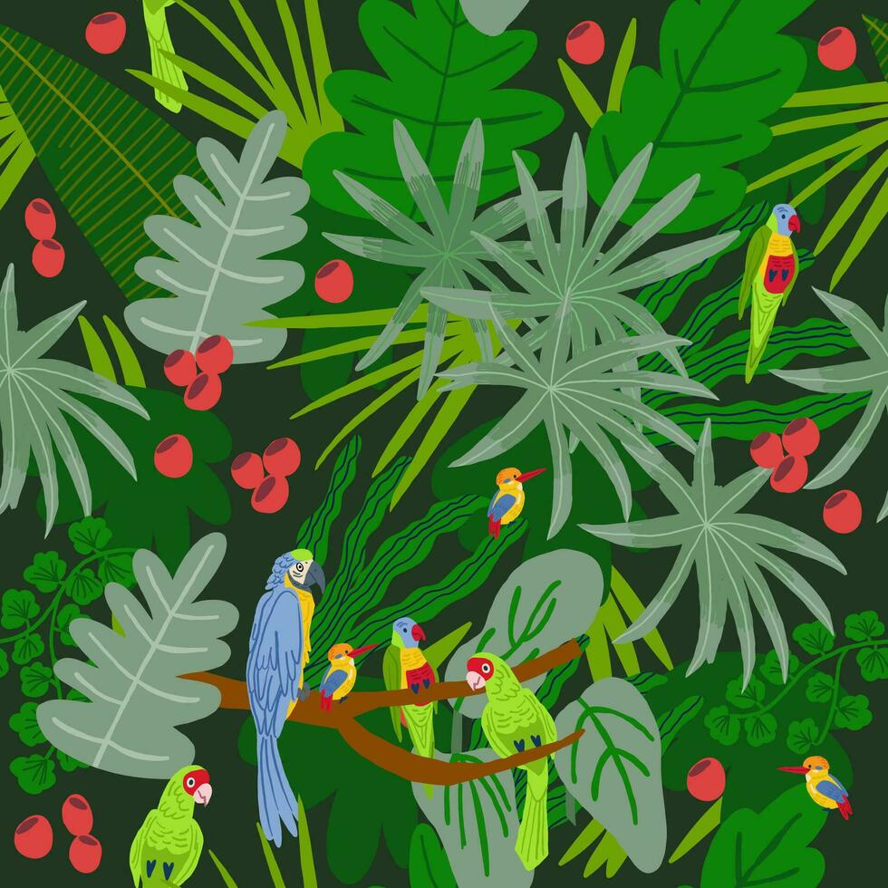 schön nahtlos Vektor Blumen- Sommer- Muster Hintergrund mit Papagei, Palme Blätter, Plumeria. perfekt zum Tapeten, Netz Seite Hintergründe, Oberfläche Texturen, Textil.