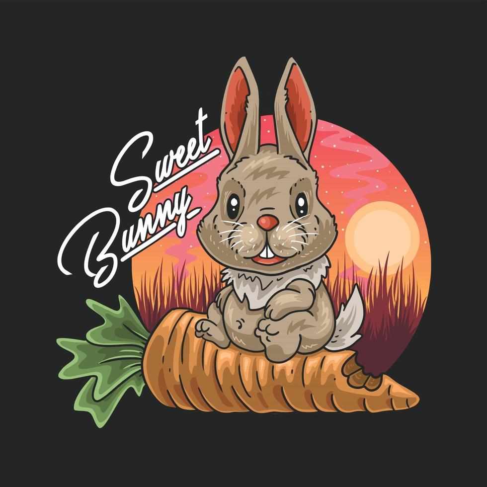 Süßes kleines Kaninchen entspannt sich im Sommer auf Karotte vektor