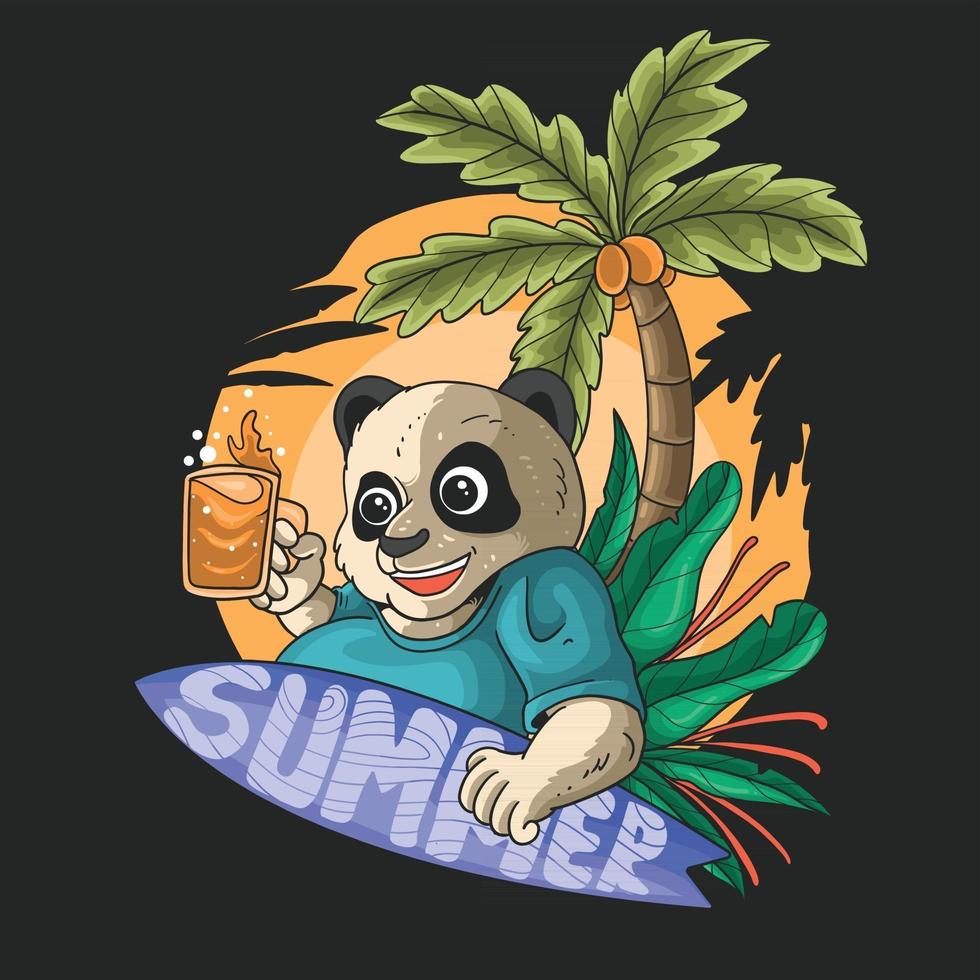 Süßer Panda Sommer Surfen am tropischen Strand Illustration vektor