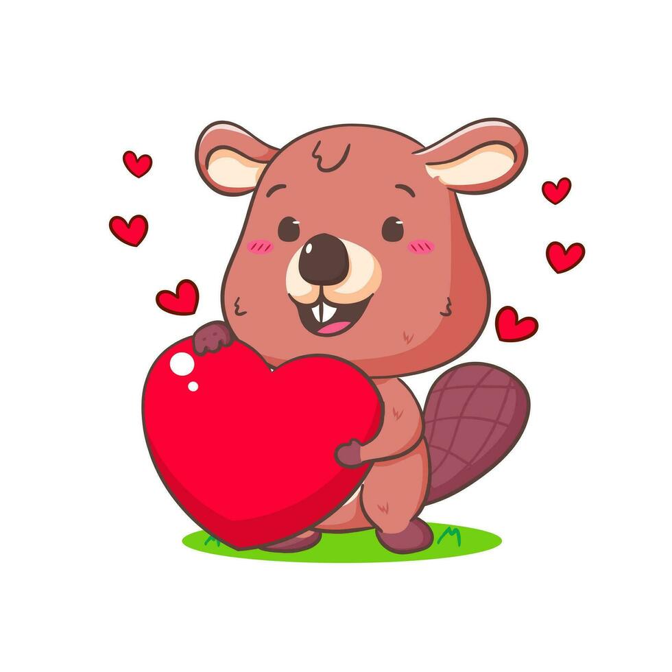 süß Biber Karikatur Charakter halten Liebe Herz Maskottchen Vektor Illustration. kawaii bezaubernd Tier Konzept Design. isoliert Weiß Hintergrund.