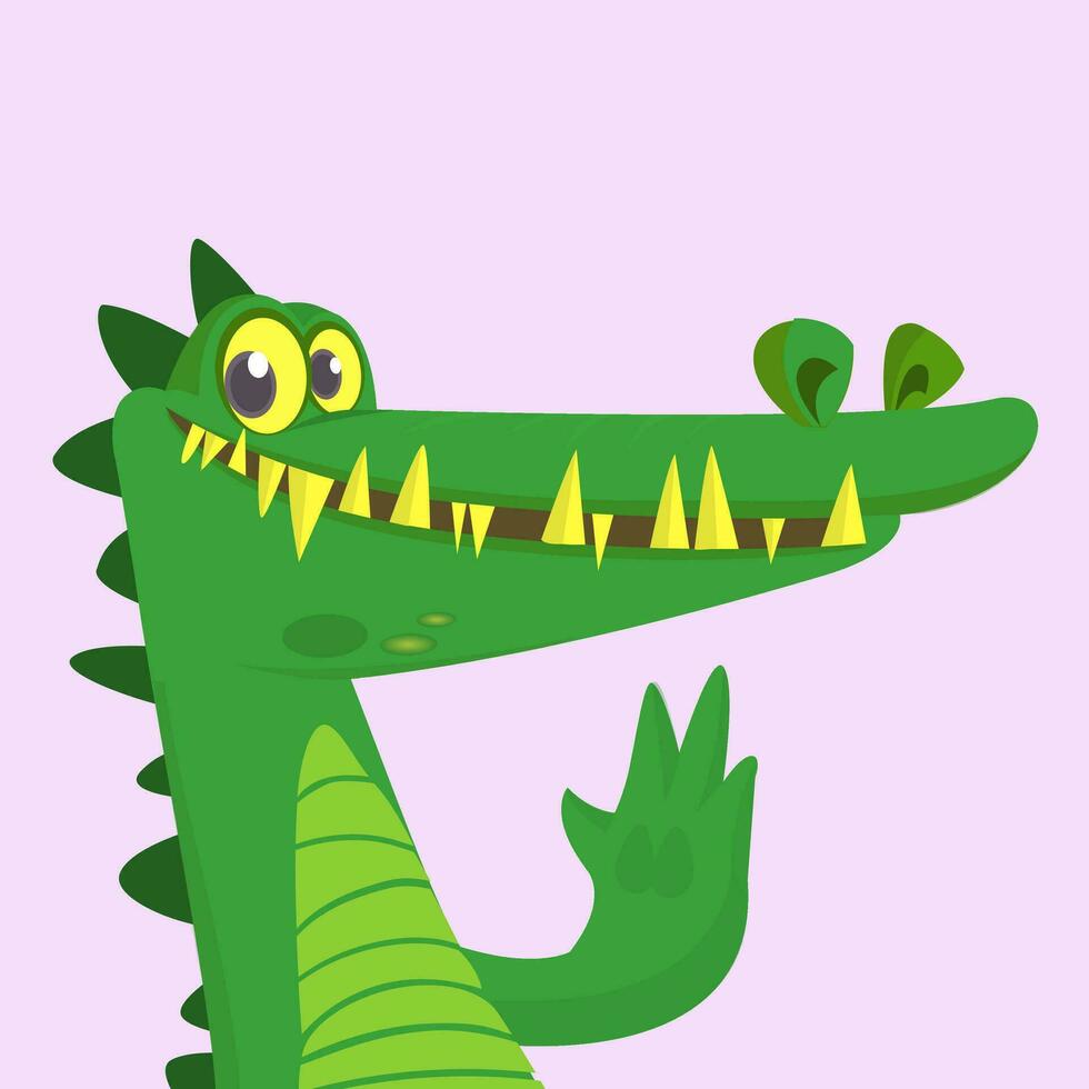 söt tecknad serie krokodil eller dinosaurie. vektor illustration av en grön krokodil vinka och presenterar. isolerat på vit
