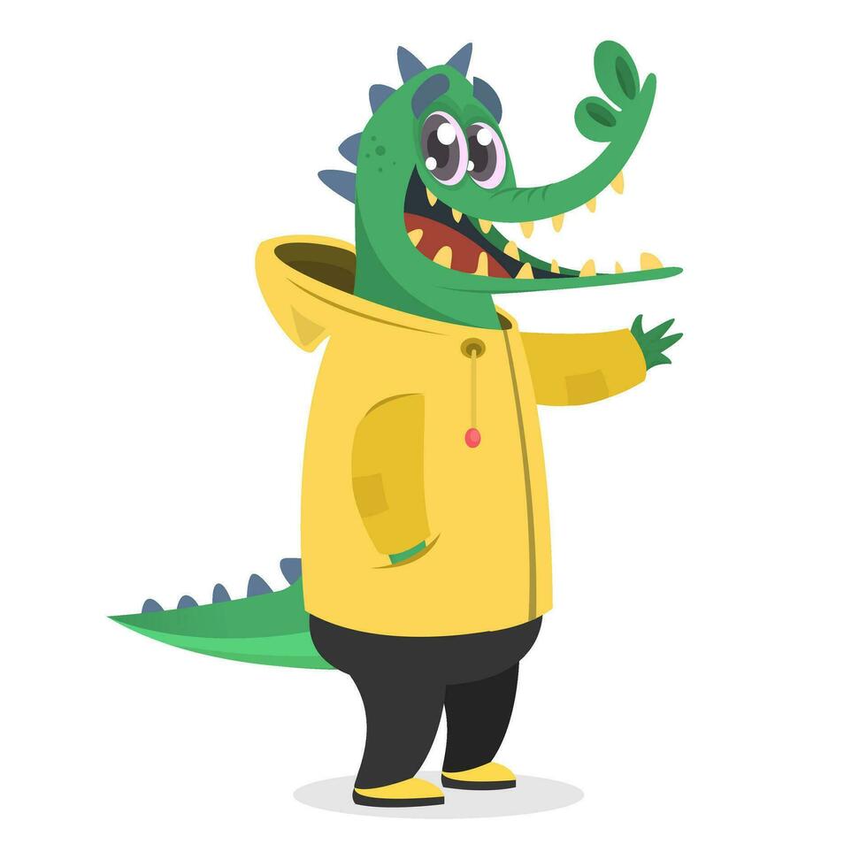 tecknad serie hipster krokodil i en gul regn täcka. djur- i Kläder vektor