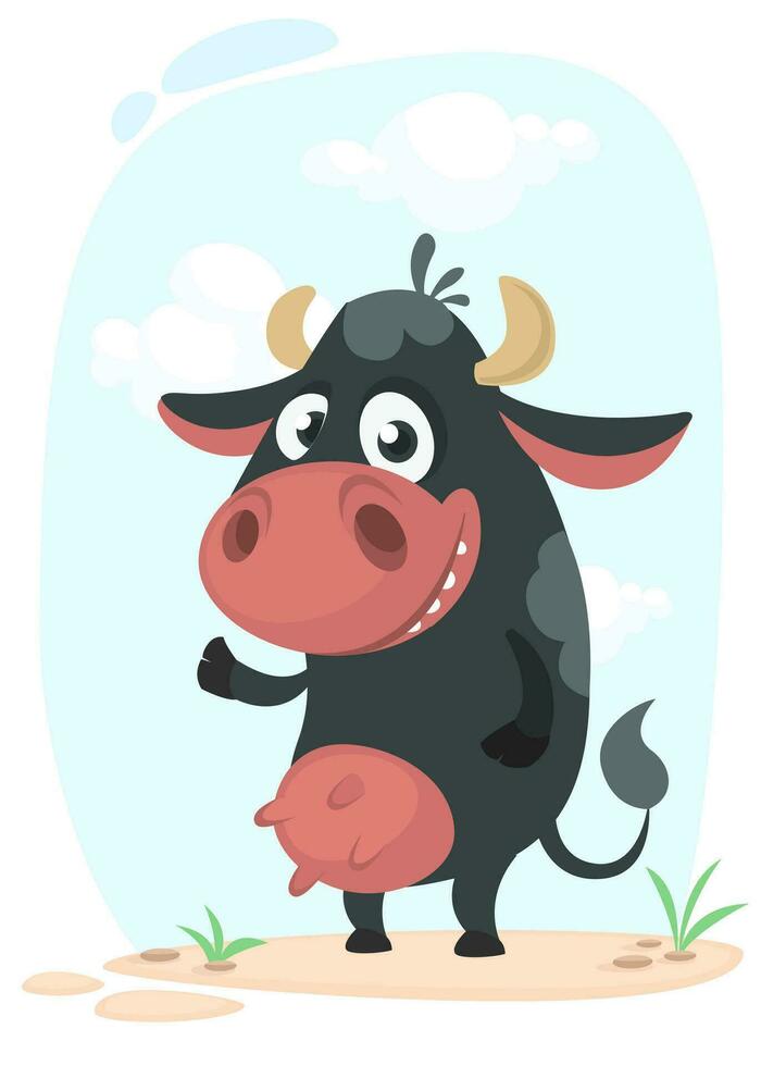 tecknad serie söt Söt ko stående och leende vektor