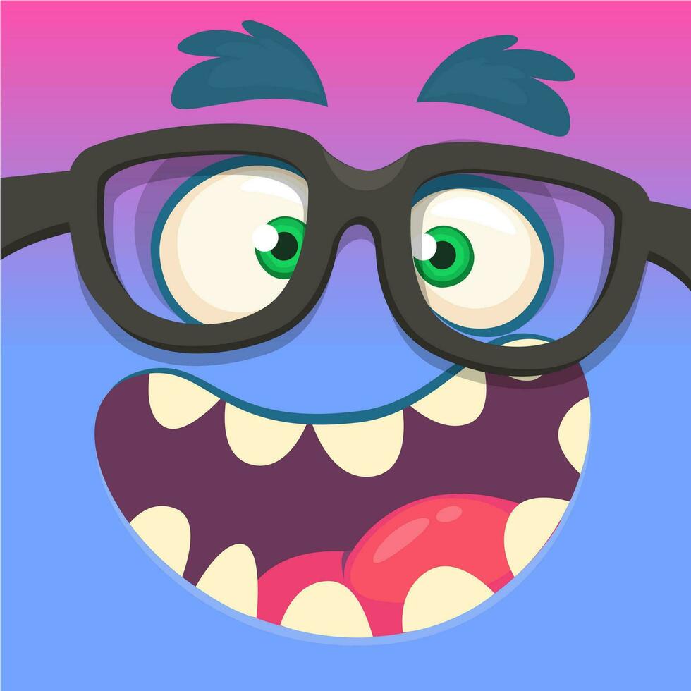 Karikatur Monster- Gesicht tragen Brille. Vektor Halloween komisch Blau und Rosa nerdig Monster- Platz Benutzerbild