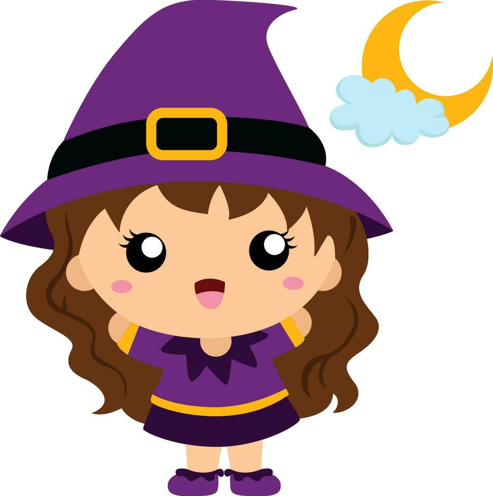 söt barn häxa halloween kostym tecknad serie illustration vektor ClipArt klistermärke