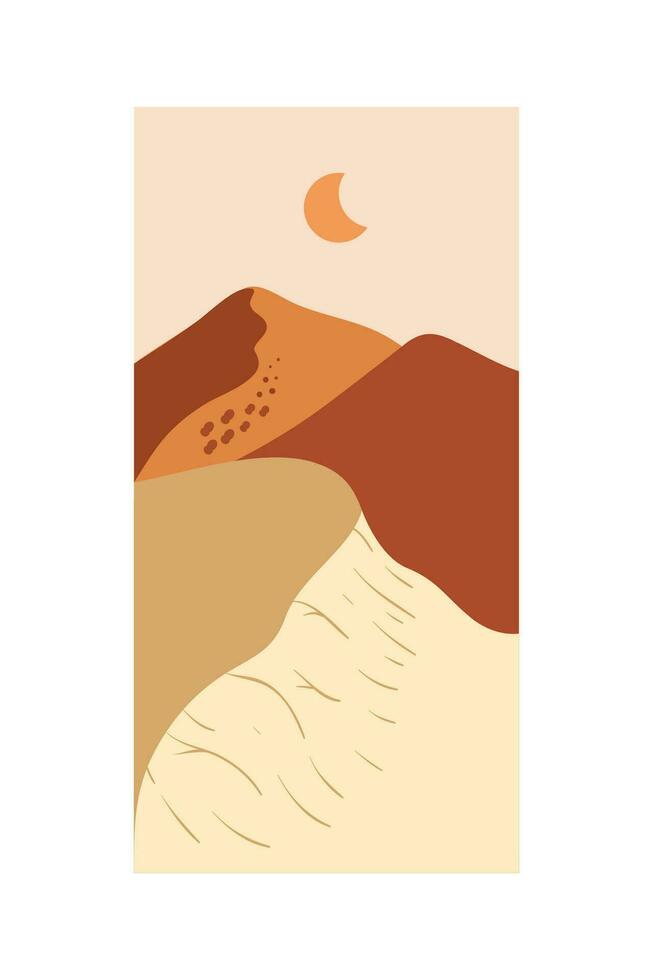 Vektor Illustration von Sonnenuntergang Wüste Landschaft. wild Western Texas Wüste Sonnenuntergang mit Berge und Kaktus im eben Karikatur Stil.