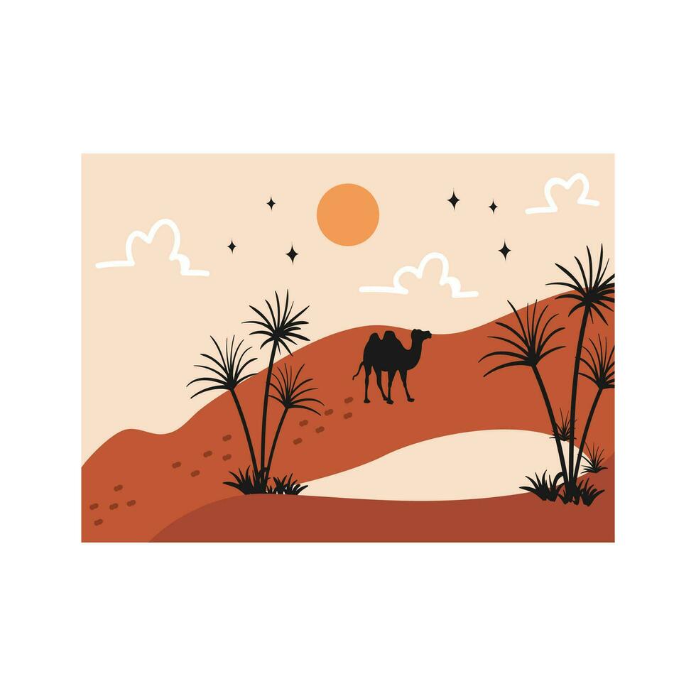 Vektor Illustration von Sonnenuntergang Wüste Landschaft. wild Western Texas Wüste Sonnenuntergang mit Berge und Kaktus im eben Karikatur Stil.