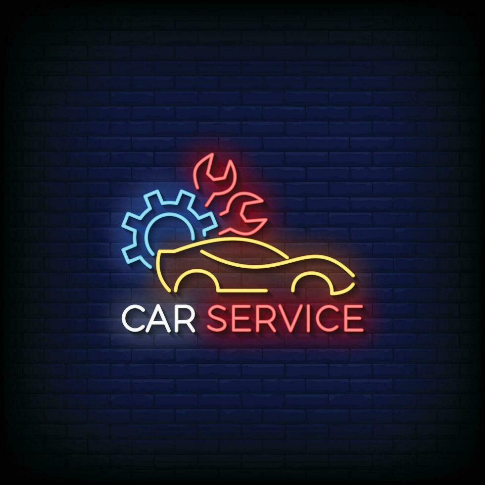 neon tecken bil service med tegel vägg bakgrund vektor