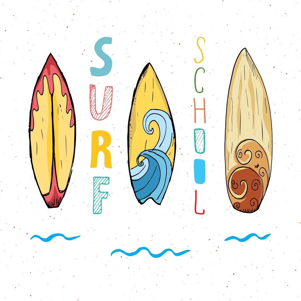 Surfbretter handgezeichnete Skizze T-Shirt Print Design, Surfschule Typografie, Sommer Vintage Retro Abzeichen Vorlage, Vektorillustration vektor