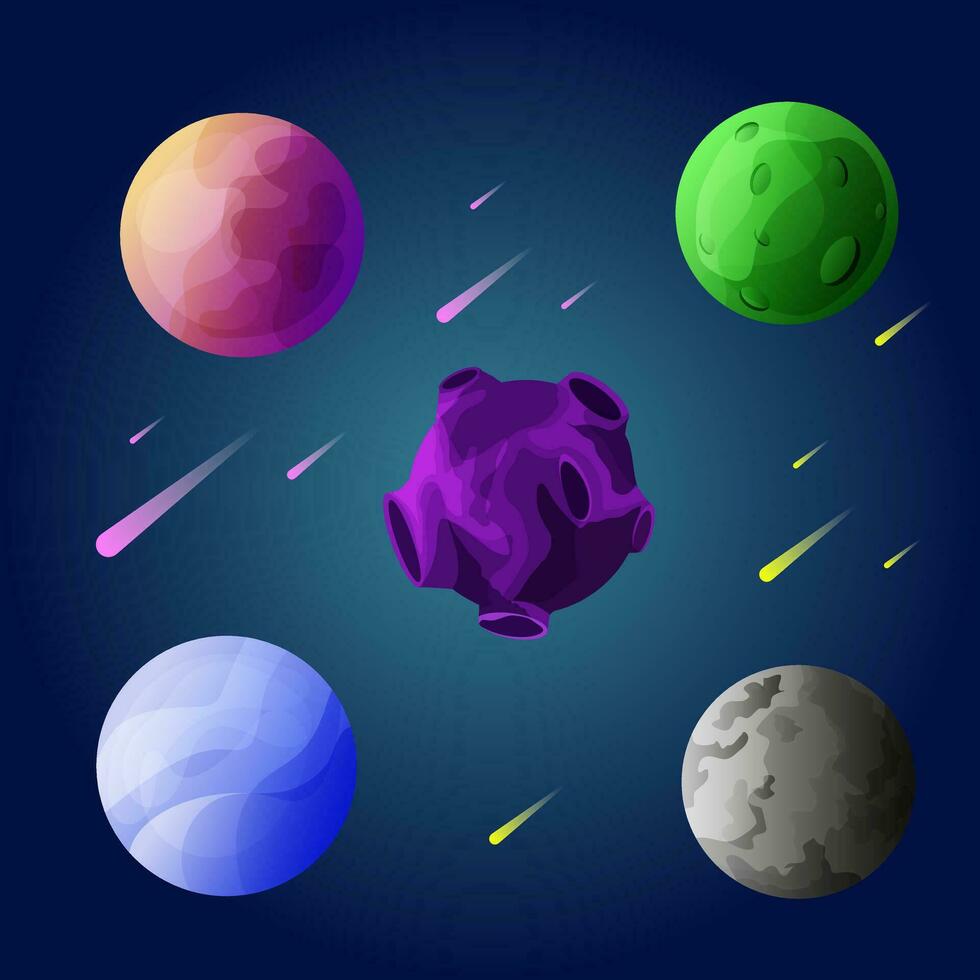 Plats planeter, asteroid, måne, fantastisk värld spel vektor tecknad serie ikoner. Färg asteroid och planet, illustration fantastisk universum med tecknad serie planeter