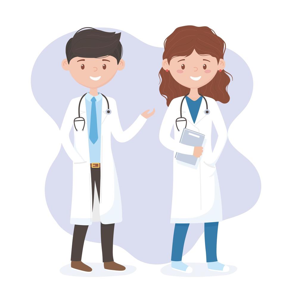 Ärztin und Ärztin mit Uniform und Stethoskop medizinischem Personal Berufspraktiker Zeichentrickfigur vektor