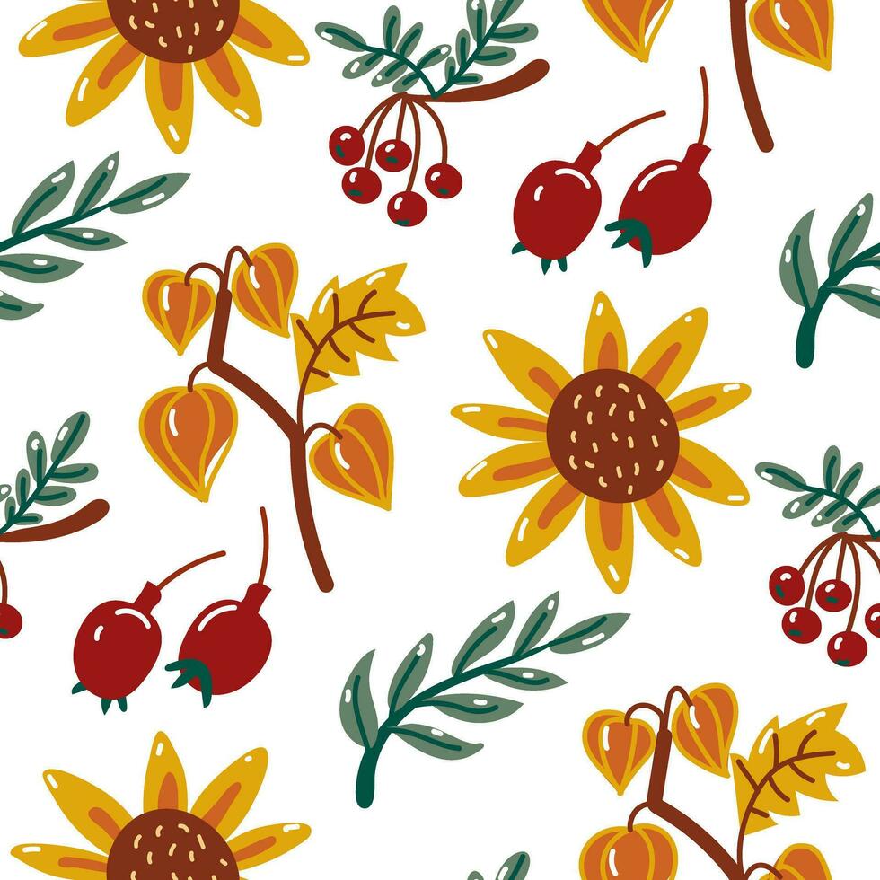 Vektor Muster von Herbst Ernte Elemente. Physalis, Hagebutte, Eberesche, Sonnenblume im Karikatur Stil auf ein Weiß Hintergrund. Herbst Hintergrund mit Früchte und Beeren. Verpackung