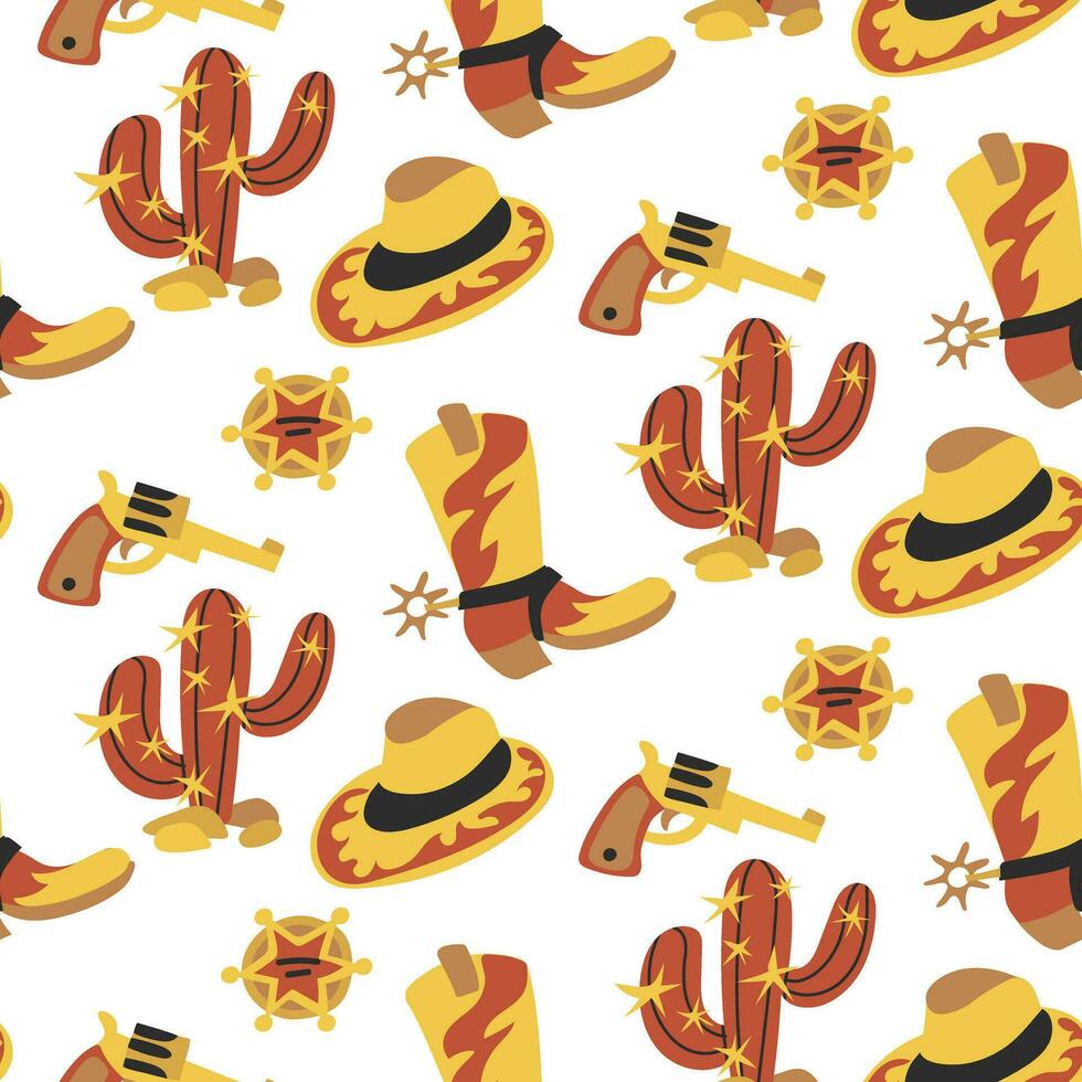 cowboy sömlös mönster med stövlar, hattar, revolvrar, sheriff bricka och kaktusar. vektor platt grafik. Västra förpackning nyanser av röd och gul. utskrift på textilier och papper