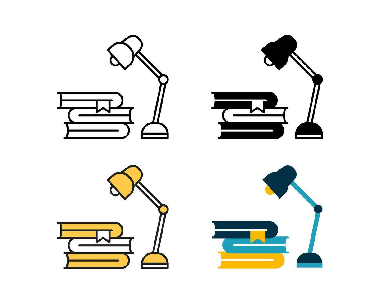 Studie Lampe und Bücher Symbol Vektor Design im 4 Stil Linie, Glyphe, Duoton, und Wohnung.