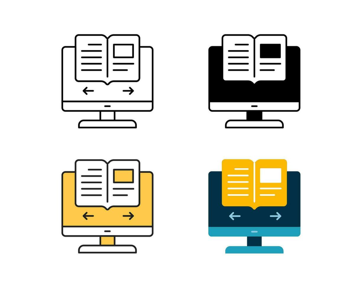 e-bok ikon på övervaka vektor design i 4 stil linje, glyf, duoton, och platt.