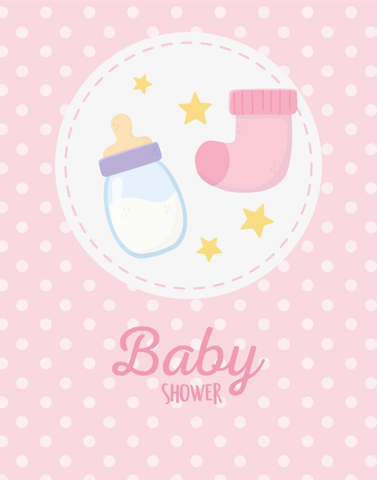 baby shower, rosa strumpa och mjölkflaska stjärnor rund etikett dekoration vektor