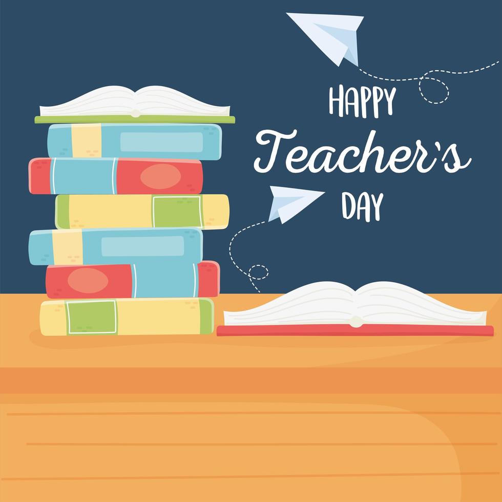 Happy Teacher Day, offenes Buch der Schule auf Stapelbüchern vektor