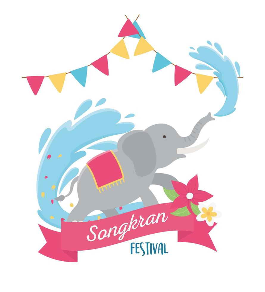 Songkran Festival Elefant Wasser Blumen und Fahnen Dekoration vektor