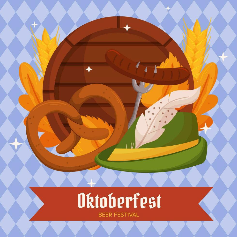 oktoberfest tysk öl festival fyrkant social media posta mall. design med tyrolean hatt, gaffel med grillad korv, pretzel, trä- tunna, vete och löv. ljus blå romb mönster vektor