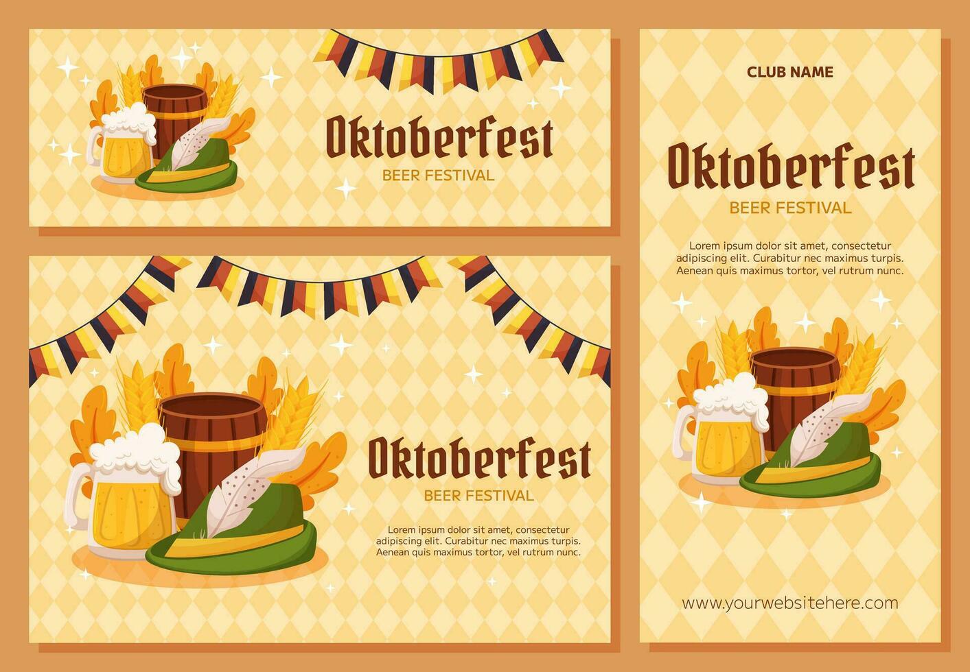 oktoberfest tysk öl festival bakgrund, vertikal och horisontell baner samling. grön hatt, öl mugg, trä- tunna, Tyskland färger festlig krans, vete, löv. ljus gul romb mönster vektor