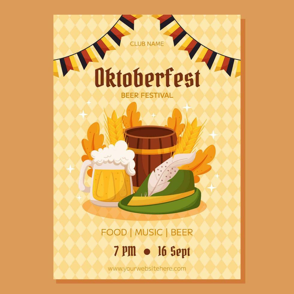 oktoberfest tysk öl festival affisch mall. design med tyrolean hatt, öl mugg, trä- tunna, Tyskland färger festlig krans, vete, löv. ljus gul romb mönster vektor