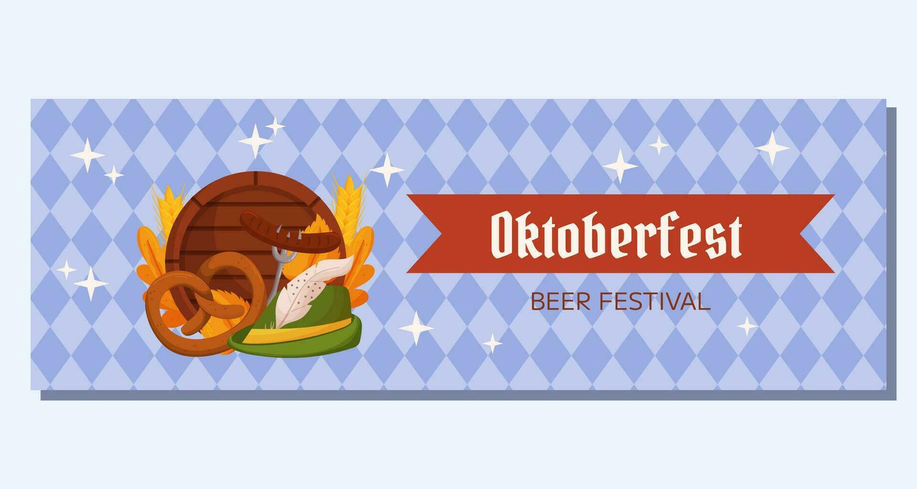 oktoberfest tysk öl festival horisontell baner mall. design med tyrolean hatt, gaffel med grillad korv, pretzel, trä- tunna, vete och löv. ljus blå romb mönster vektor
