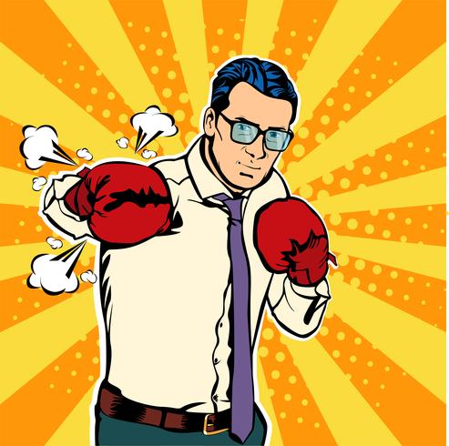 Mann in den Boxhandschuhen vector Illustration in der komischen Pop-Art-Art. Geschäftsmann bereit, sein Geschäftskonzept zu kämpfen und zu schützen. Fight Club. Boxen und Handschuh, Boxerstärke. Vektor-Illustration