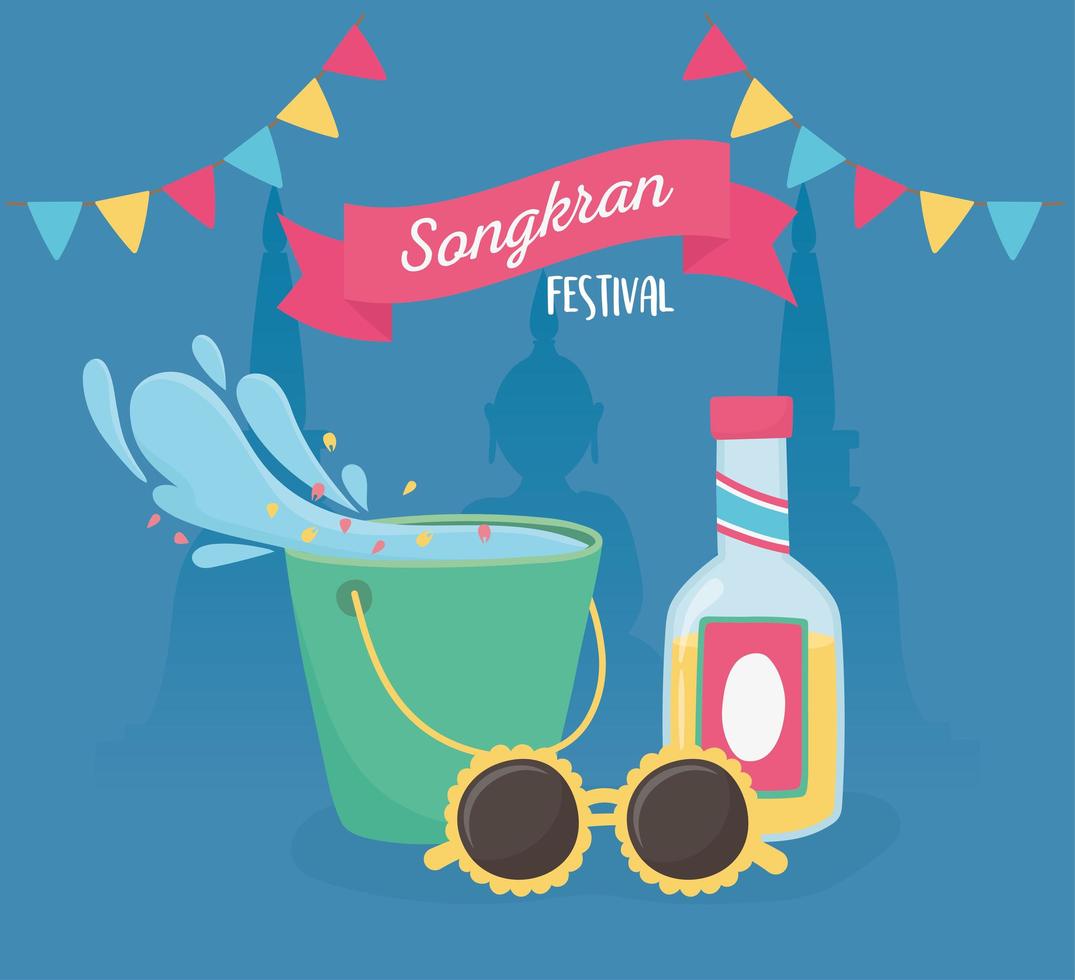 Songkran Festival Eimer Wasserspritzer Sonnenbrille Getränkeflasche Flaggen vektor