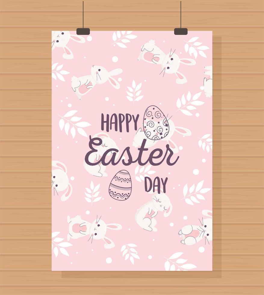 glad påsk hängande kort kaniner blommig dekoration rosa bakgrund vektor