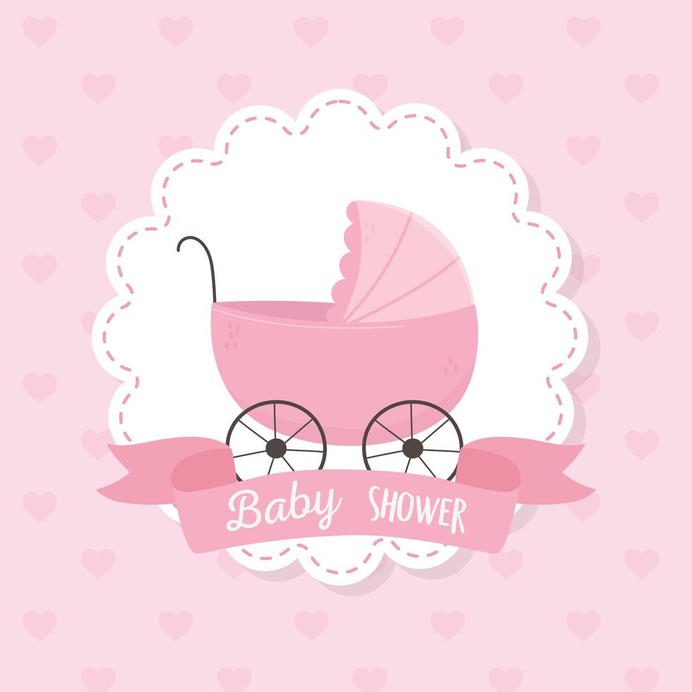 baby shower, rosa barnvagn etikett dekoration hjärtan bakgrund vektor