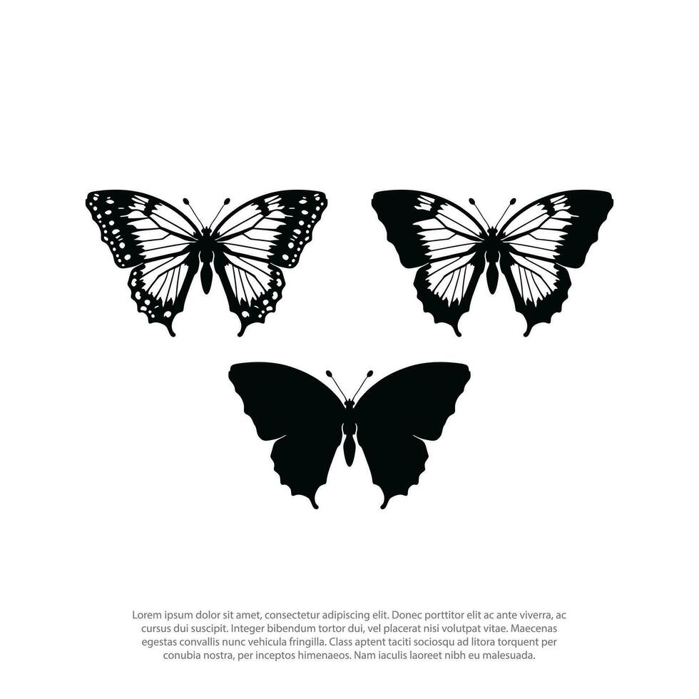 Silhouette von Schmetterling. einstellen von Schmetterlinge von anders Formen. einfarbig Vektor Illustration auf Weiß Hintergrund.