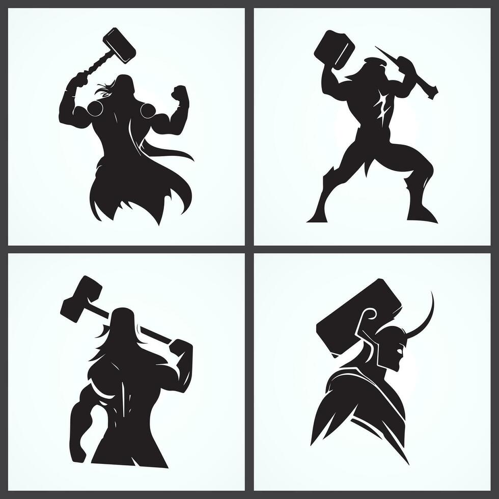 Mehrzweck einstellen von Wikinger odin mit Hammer, Vektor Kunst Silhouette Symbole Logo. schwarz und isoliert auf Weiß Hintergrund. Wikinger odin Tätowierungen, Aufkleber. Vektor Illustration.