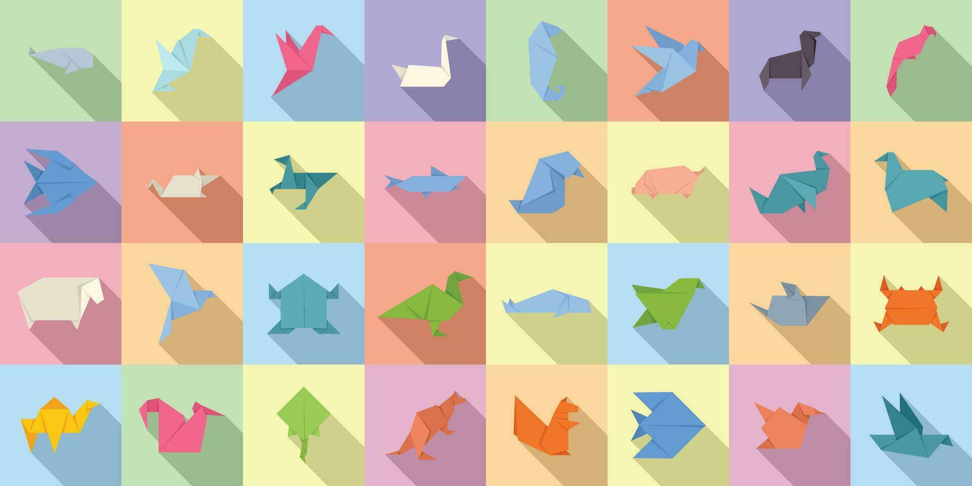 origami djur ikoner uppsättning platt vektor. fisk papper vektor