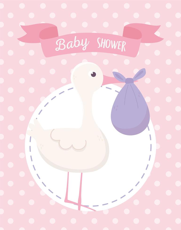 baby shower, stork med blöja rosa bakgrund vektor